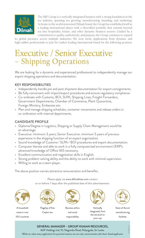 Executive / Senior Executive – Shipping Operations